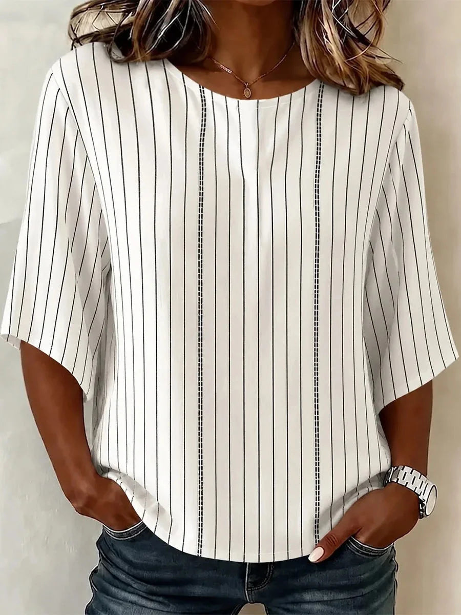 White Stripe Round Neck Dolman 3/4 Sleeve Top