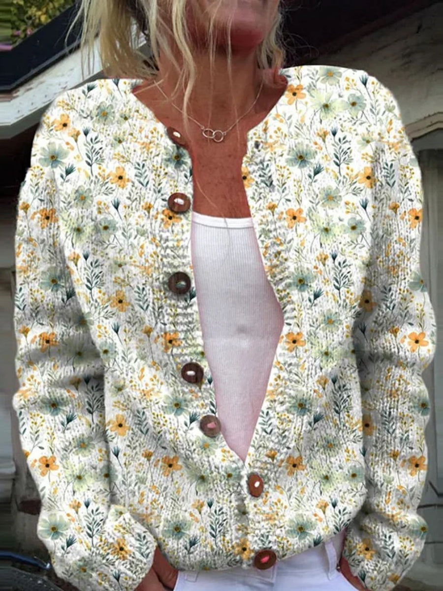 Vintage Lovely Meadows Floral Pattern Art Cozy Buttoned Cardigan Sweater