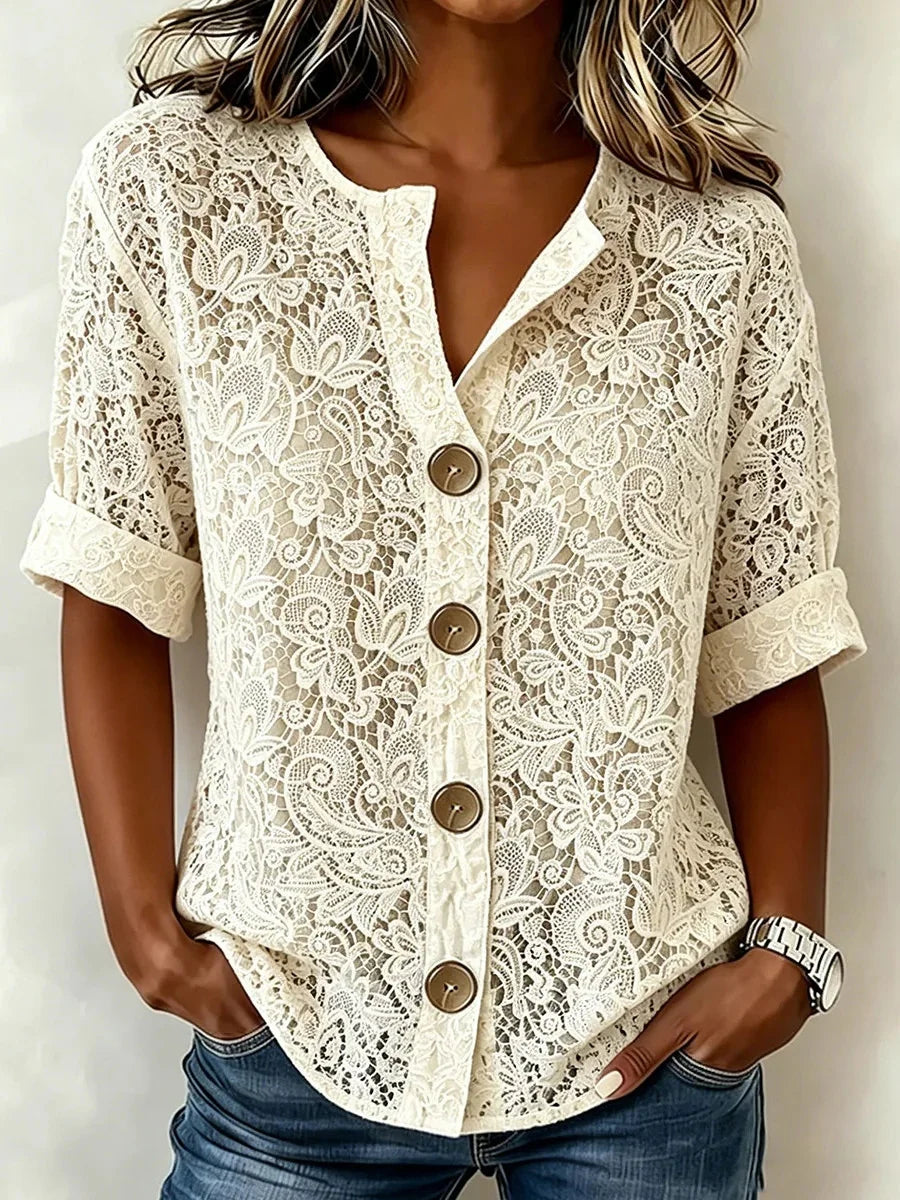 Cream Lace Button-Front Short Sleeve Blouse