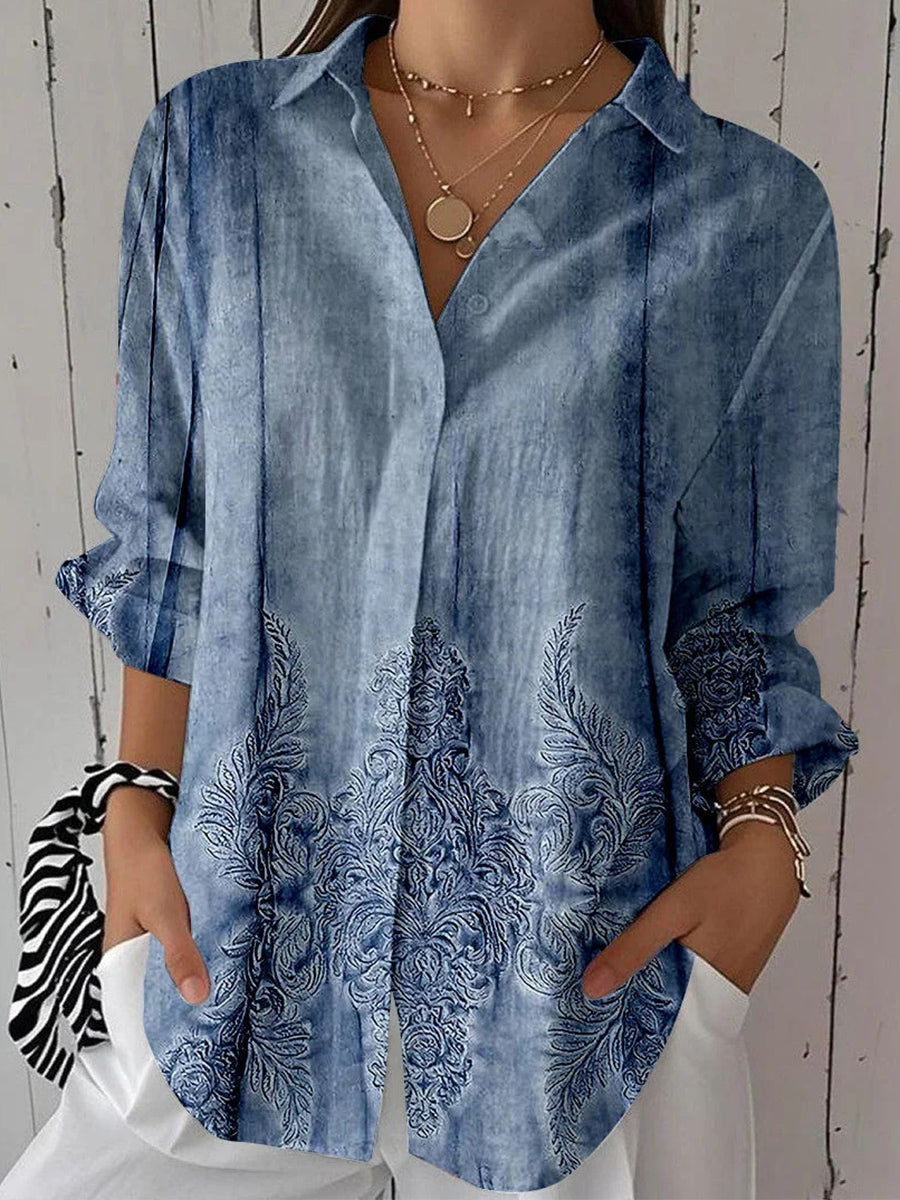 Women 3/4 Sleeve Lapel Floral Printed Blue Blouse