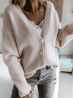 White Casual V-neck Buttons Long Sleeve Sweater Cardigan