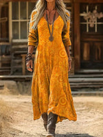 Vintage Floral Print V-neck Long Sleeve Dress