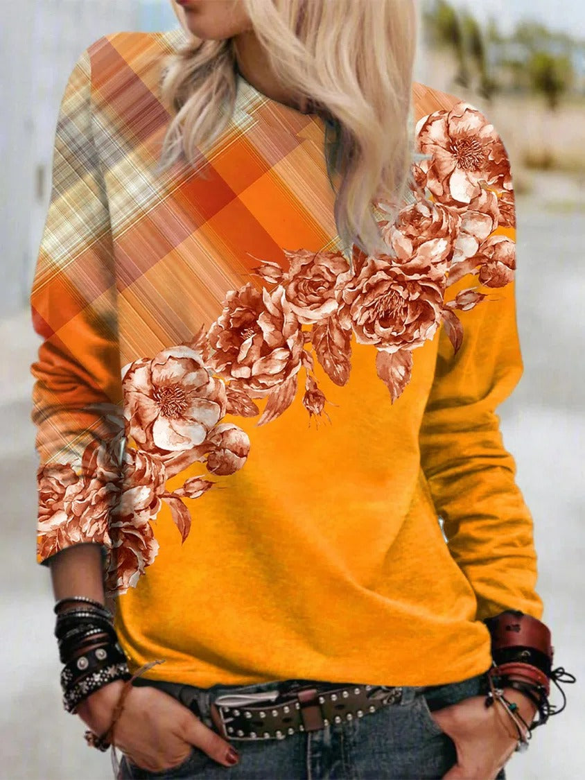 Yellow Casual Round Neck Floral Printed Long Sleeve Sweatshirts