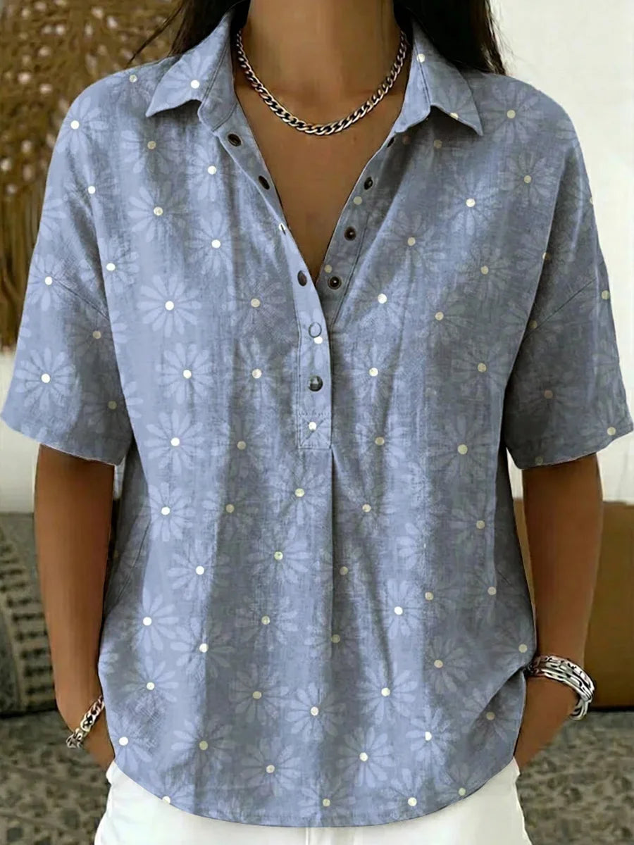 Women's Floral Print Casual Polo Collar Short-sleeve Shirt