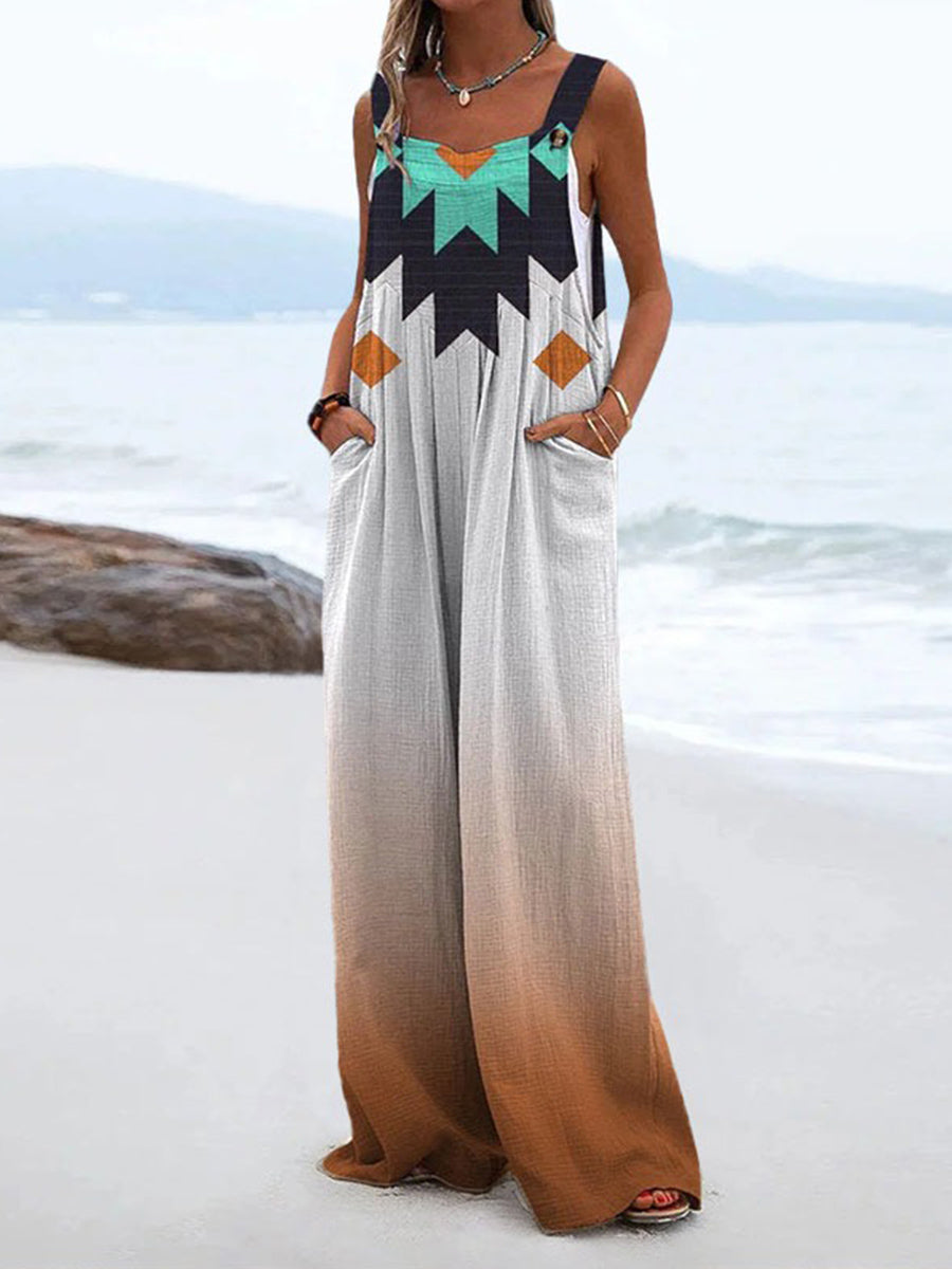 Ethnic Print Casual Wide Leg Jumpsuit
