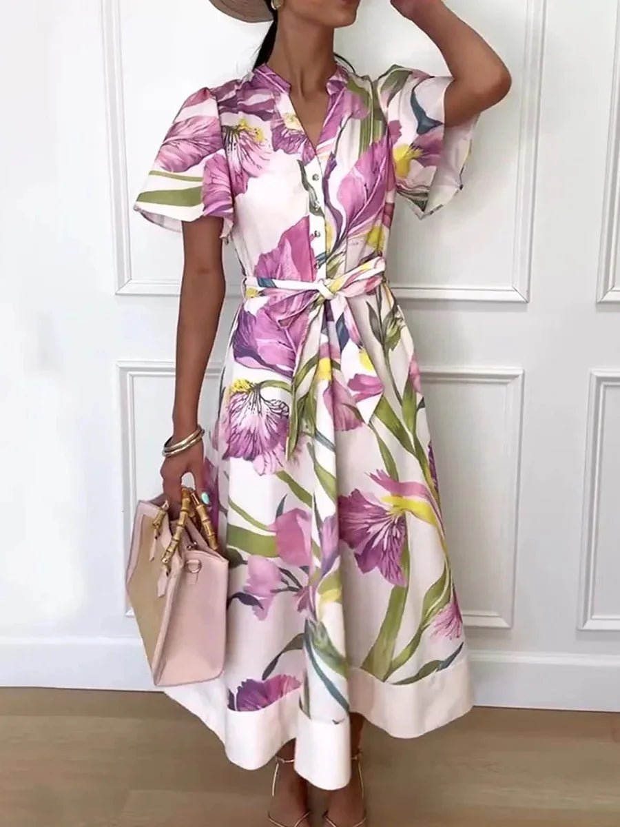 Floral Print V-neck Short Sleeve Belted Midi Dress