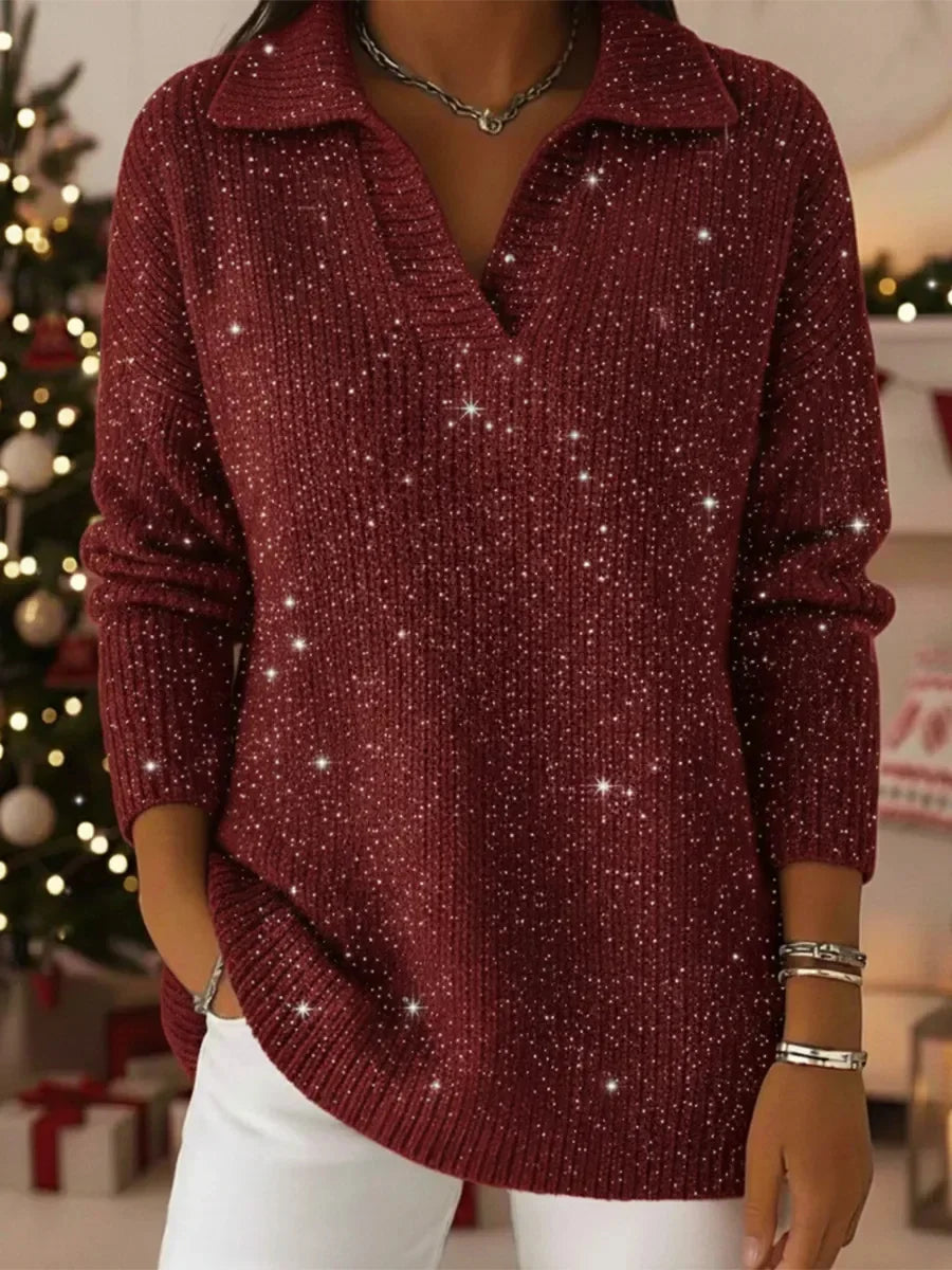 Christmas Party Polo Collar Long Sleeve Shiny Loose Sweater