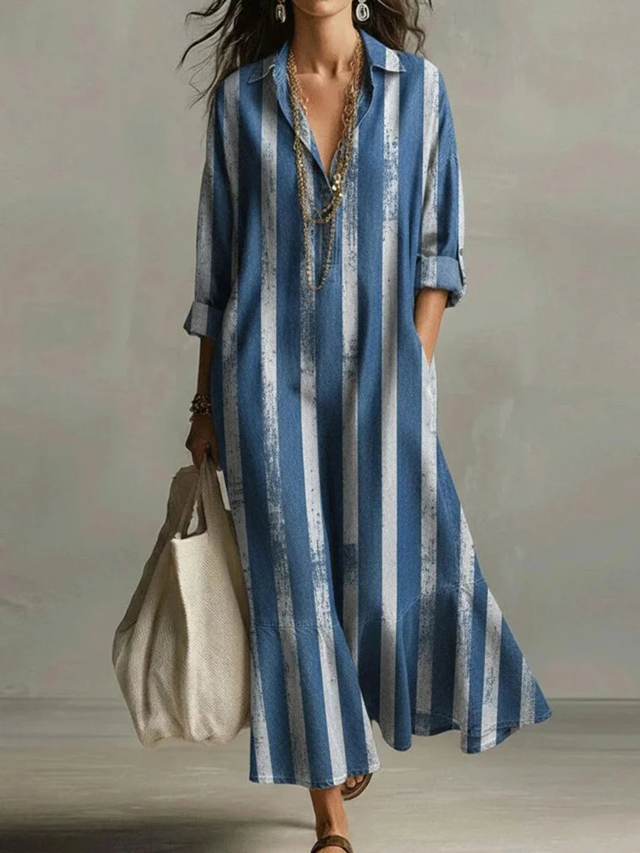 Trendy Blue Striped Long Sleeve Maxi Shirt Dress
