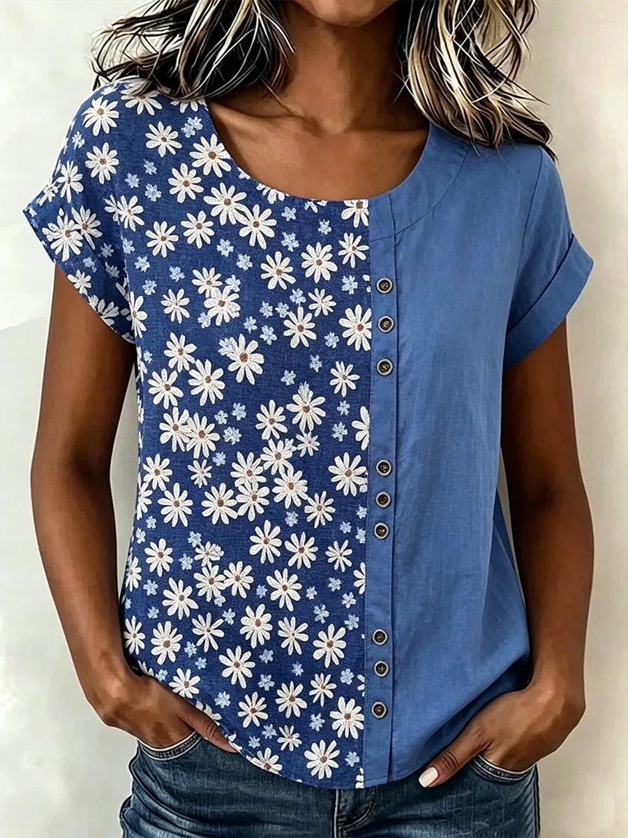 Crew Neck Short Sleeve Floral Regular Loose Blouse