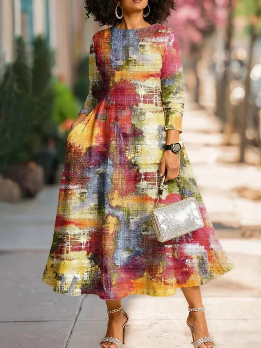 Vintage Colourful Round Neck Long Sleeve Dress