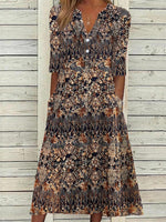 Women’s Half Sleeve Vintage Floral Print Button-Front Midi Dress with Pockets