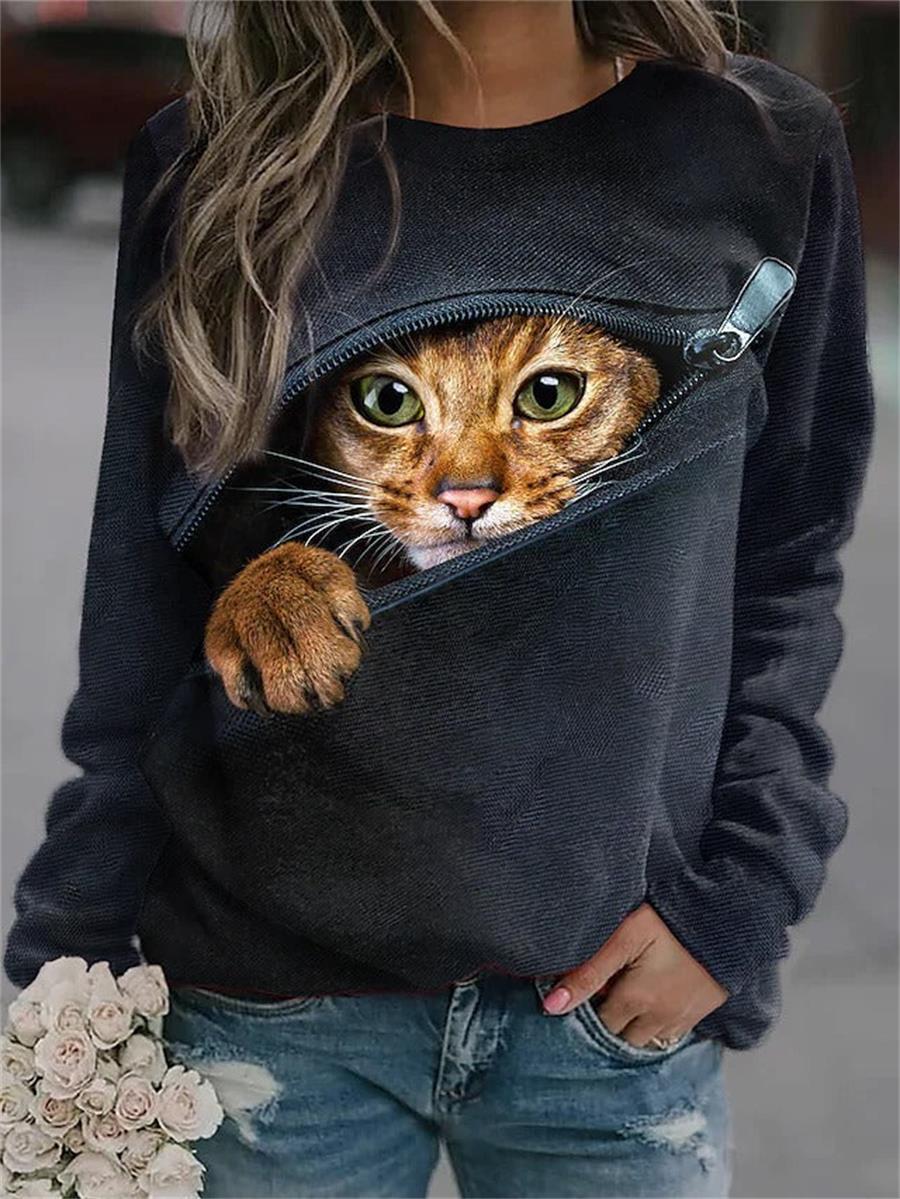 Blue Casual Graphic Tops Round Neck Cat Printed Long Sleeve Sweatshirt