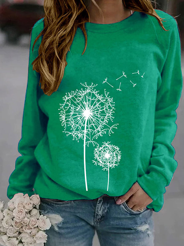 Green Casual Round Neck Long Sleeve Dandelion Printed Sweatshirts