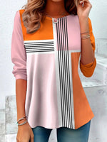 Stylish Striped Print Round Neck Long Sleeve Top