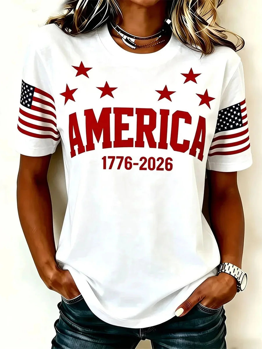 America 1776-2026 Flag Round Neck Short Sleeve Patriotic Tee