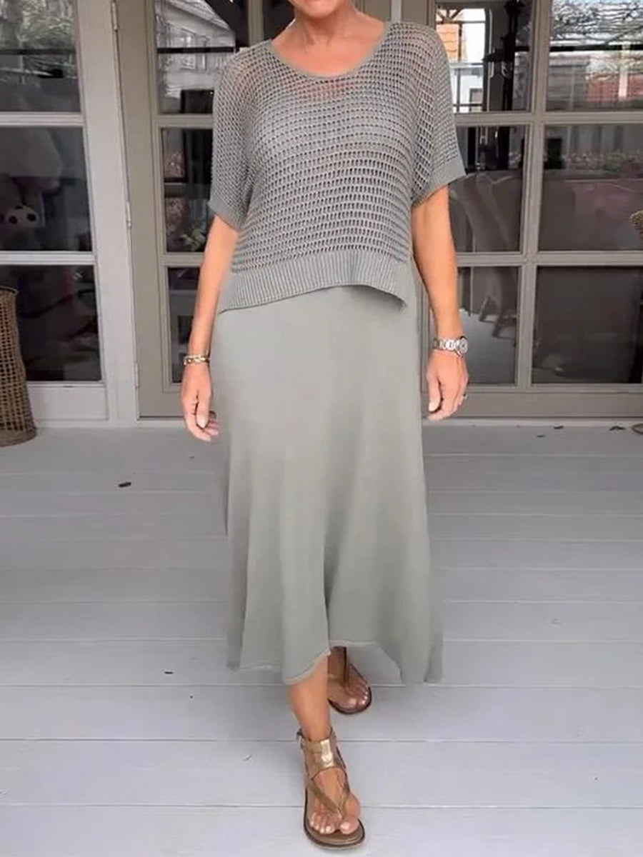 Casual Suspender Dress And Hollow Blouse Two-Piece Suit