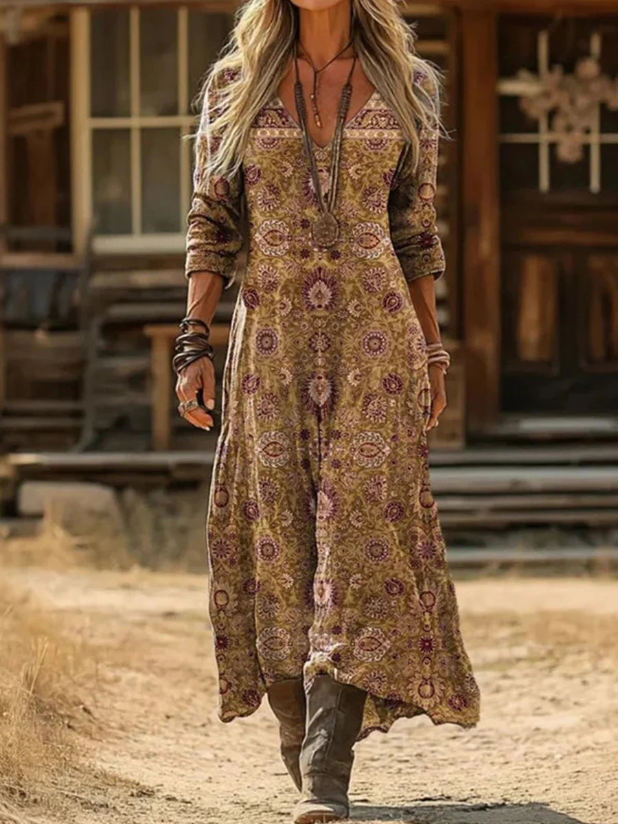 Vintage Ethnic Print V-neck Long Sleeve Dress