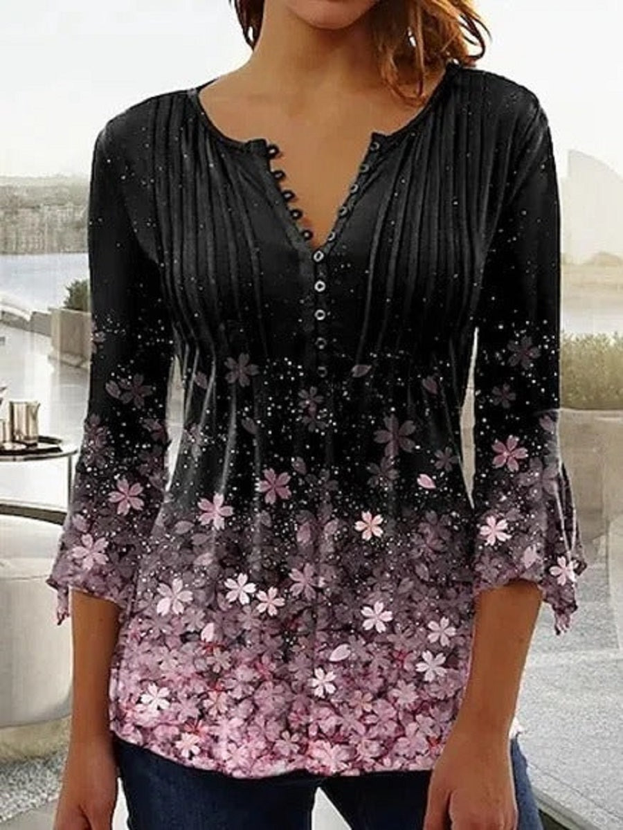 Black Casual V Neck Floral Printed Long Sleeve Blouse