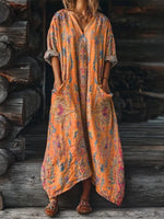 Vintage Ethnic Print V-neck Long Sleeve Dress