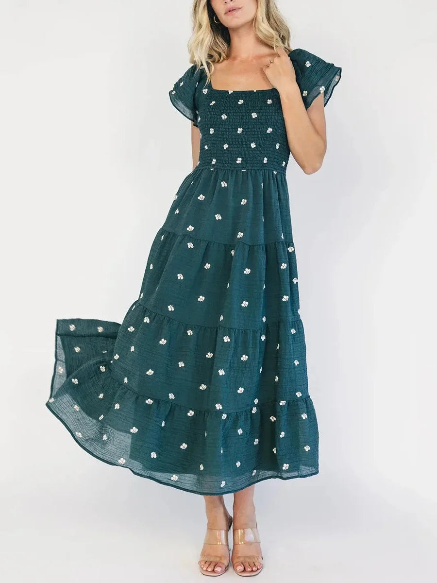 Dark Green Mini Daisy Square Neck Short Sleeve Smocked Tiered Midi Dress