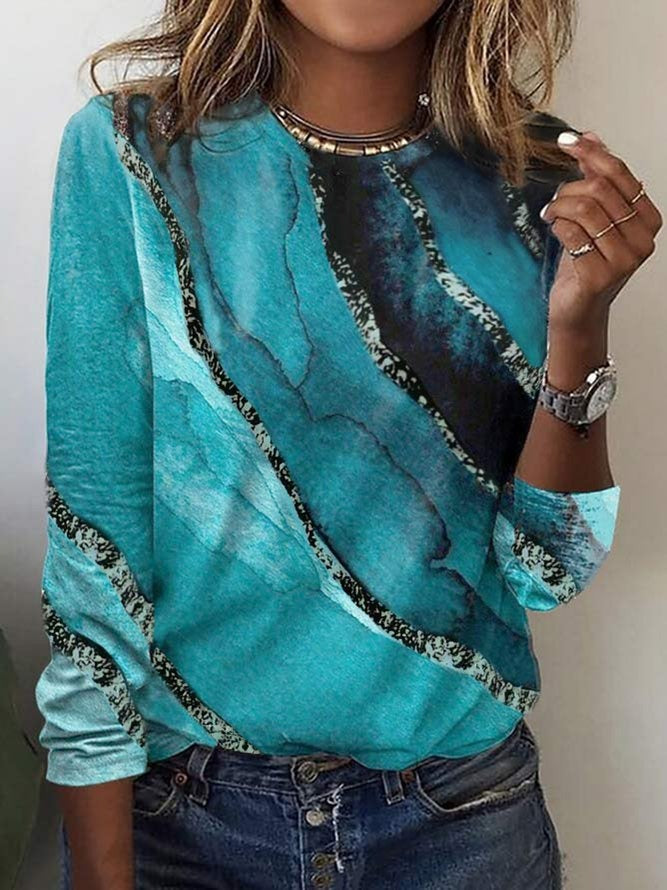 Blue Casual Round Neck Printed Long Sleeve Blouse