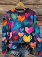 Vintage Heart Print Round Neck Long Sleeve Sweatshirt