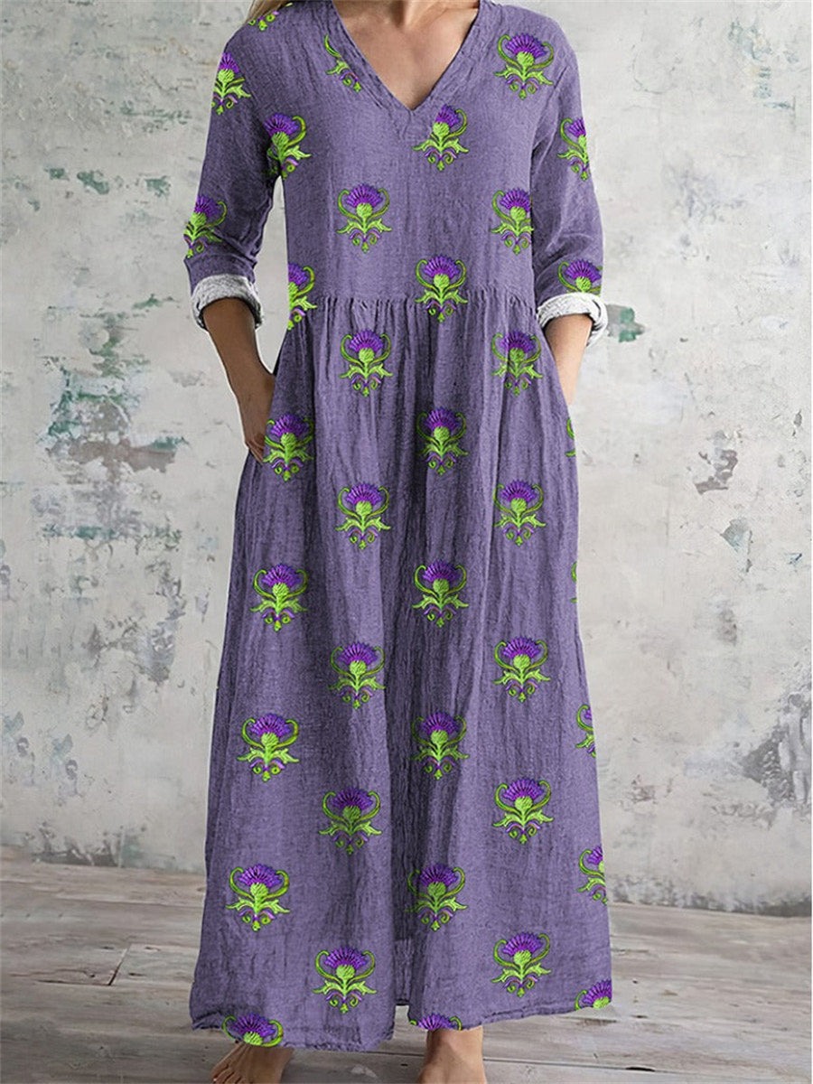 Floral Printed V-Neck Long Sleeve Vintage Comfy Maxi Dress