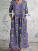 Floral Printed V-Neck Long Sleeve Vintage Comfy Maxi Dress