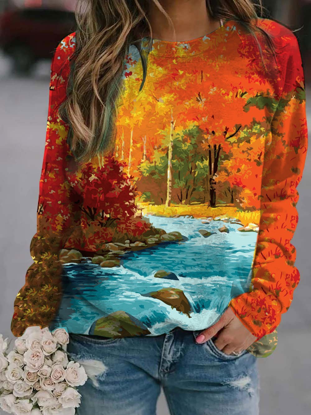 Multi Casual Graphic Tops Round Neck Long Sleeve Landscape Printed Sweatshirts