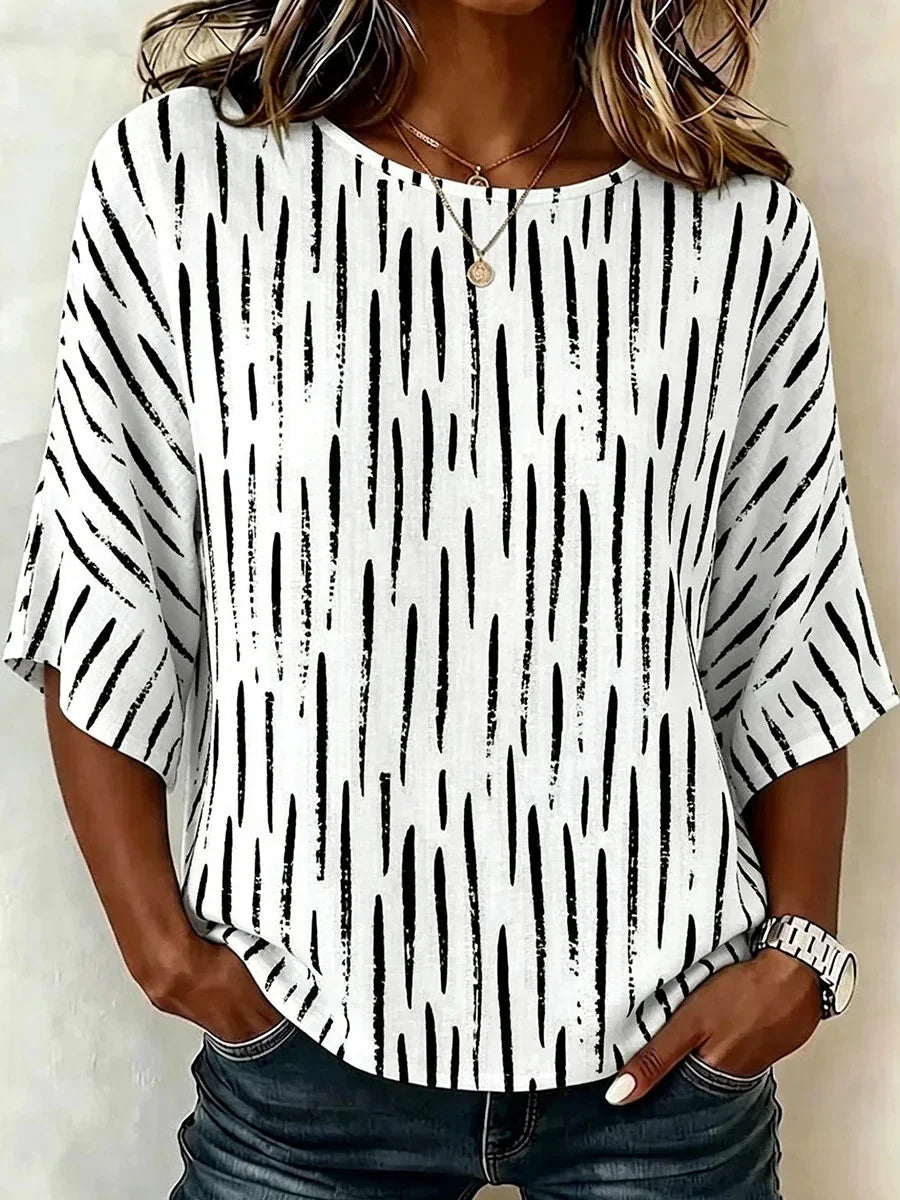 White Brushstroke Print Casual Round Neck 3/4 Sleeve Blouse