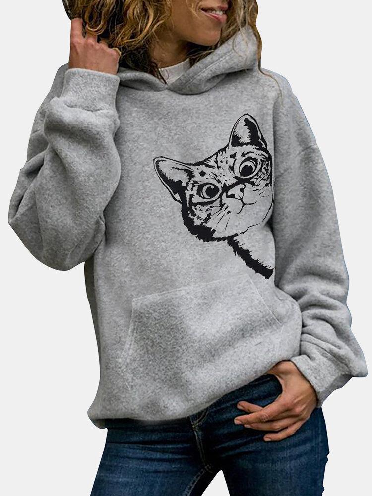 Cat Print Long Sleeve Pocket Casual Hoodie