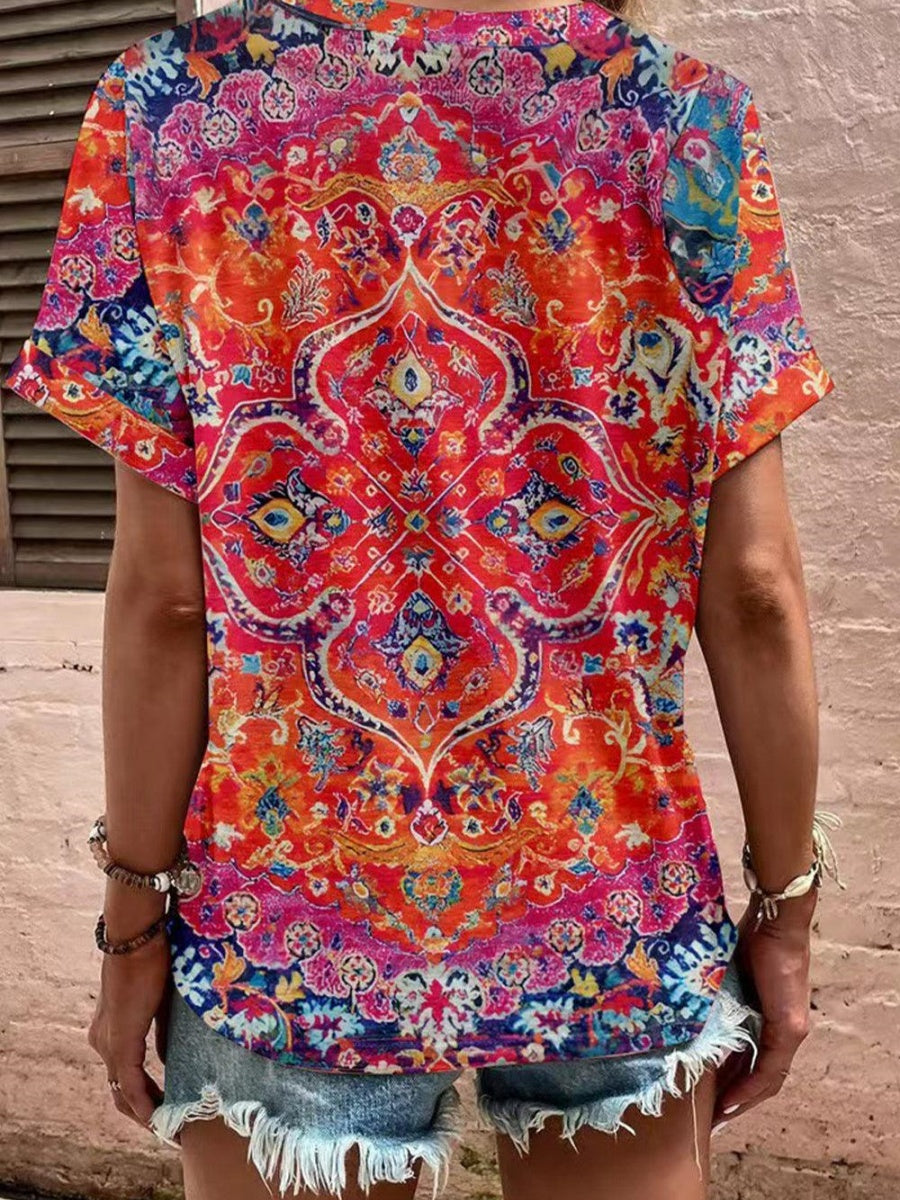 V neck Short Sleeve Button Floral T-Shirt