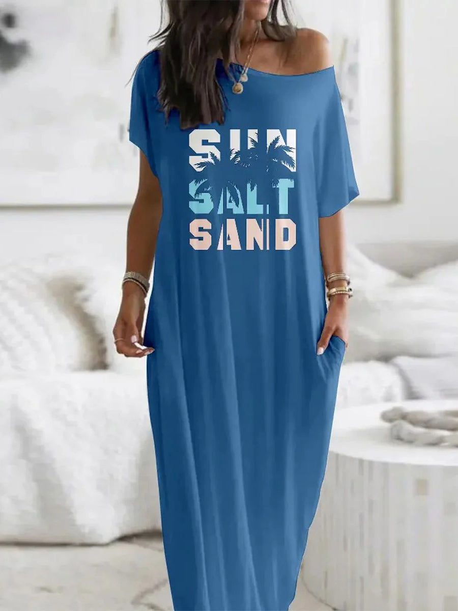 Unique Letter Print Short Sleeve Side Pocket Maxi Dress