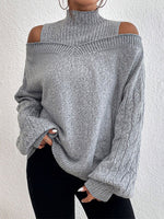 Grey Casual Graphic Tops Off-the-Shoulder Long Sleeve Solid Sweaters