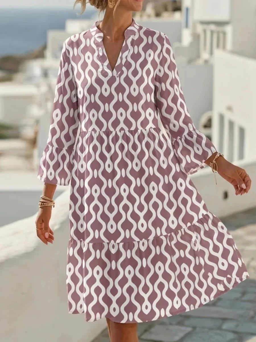 Casual V-neck 3/4 Sleeve Geometric Print Tiered Dress