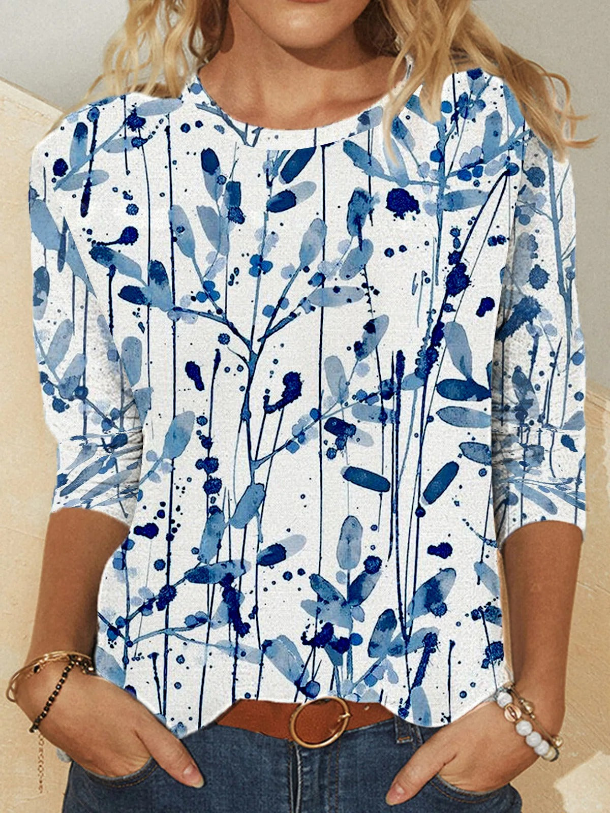 White Casual Round Neck Leaf Print Long Sleeve Sweatshirt