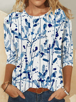 White Casual Round Neck Leaf Print Long Sleeve Sweatshirt