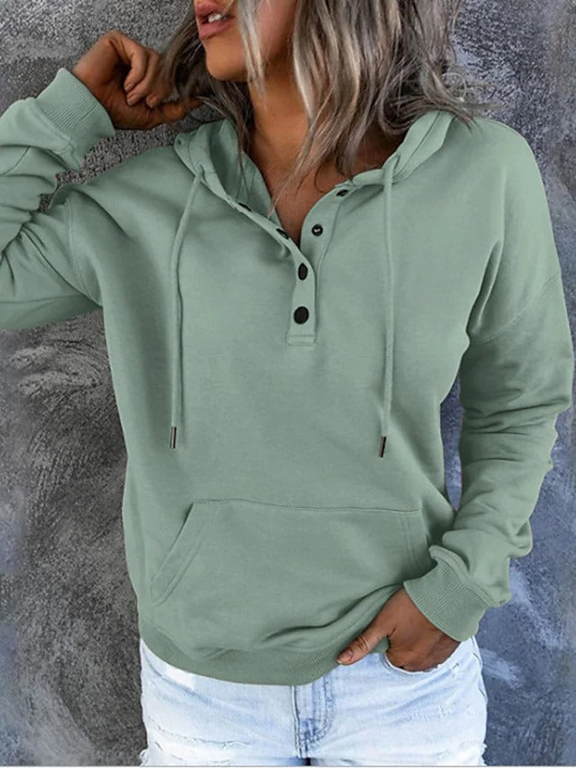 Green Solid Casual Tops Long Sleeve Hoodie with Pocket