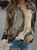 Light Coffee Casual Graphic Tops Round Neck Long Sleeve Marble Printed Sweatshirts