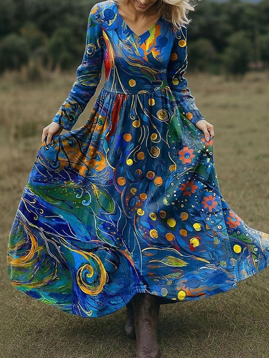 Gorgeous Peacock Feather Print Long Sleeve Maxi Dress