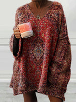 Women's Vintage Art Print V-neck Long Sleeve Casual Pullover Sweater