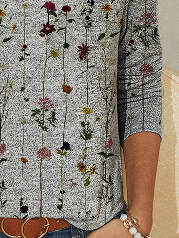 Gray Casual Round Neck Long Sleeve Floral Printed Sweatshirts