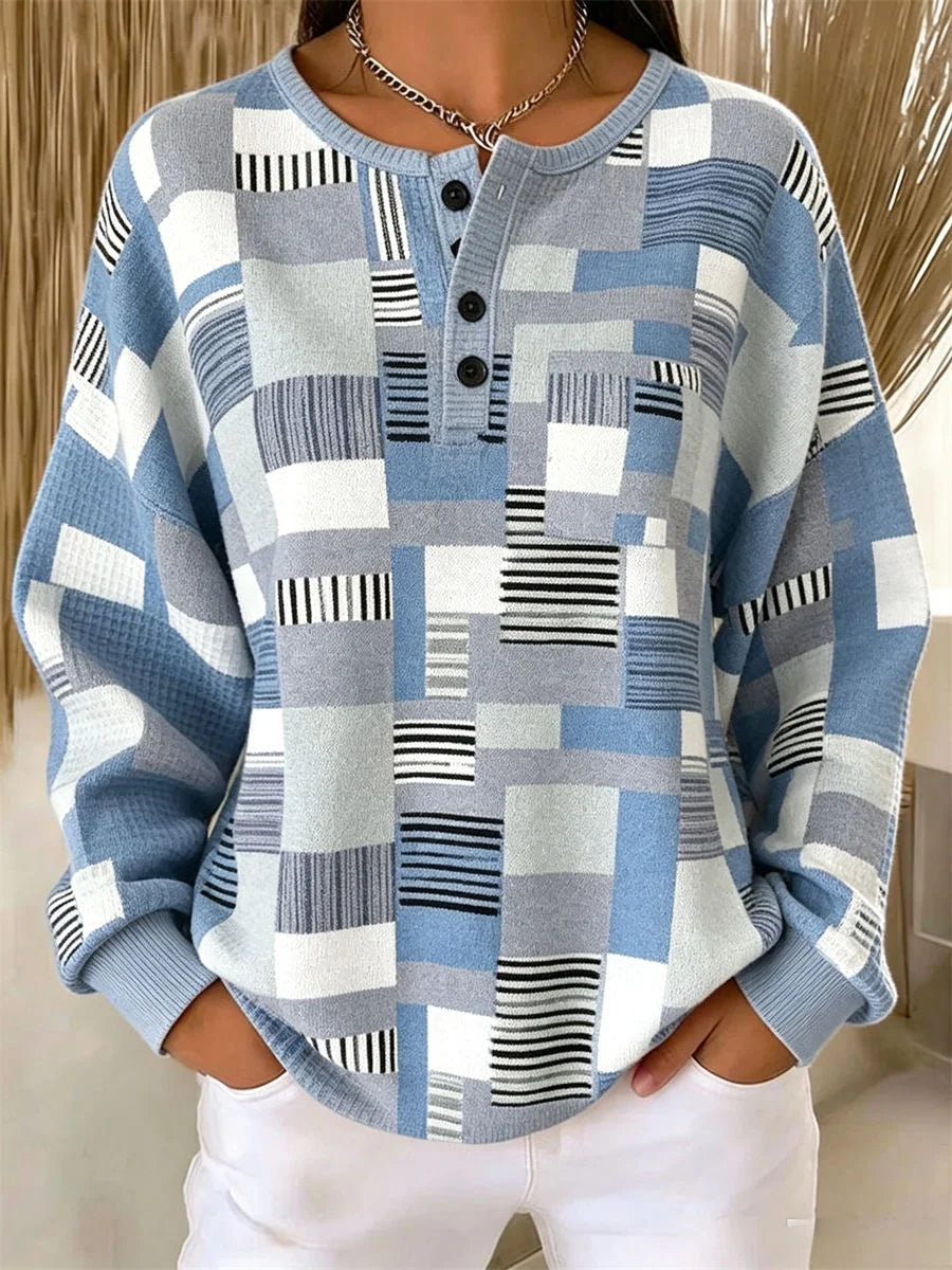 Casual Geometric Henley Collar Long Sleeve Sweatshirt