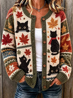 Women's Maple Leaf Black Cat Color Block Print Long Sleeve Cardigan