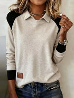 Comfy Color Block Long Sleeve Top With Collar Detail
