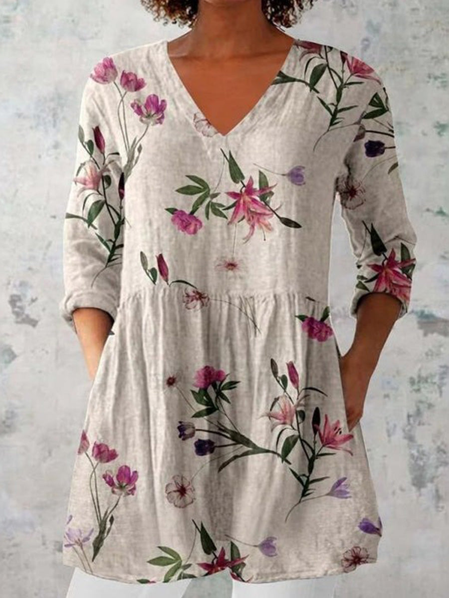 Casual Floral Print V Neck Blouse