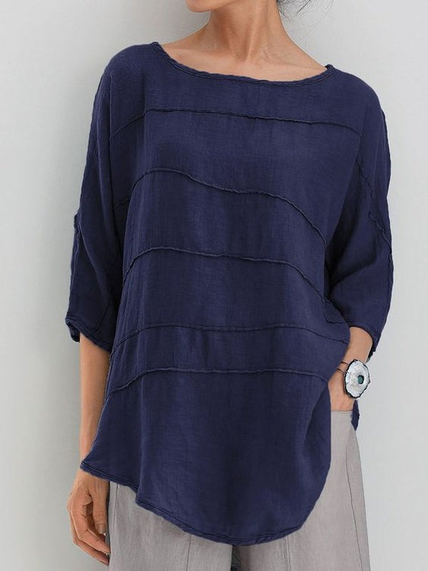 Blue Casual Round Neck Solid Long Sleeve Blouse