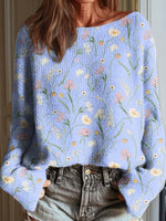 Women's Vintage Floral Art Print Casual Round Neck Long Sleeve Pullover Sweater