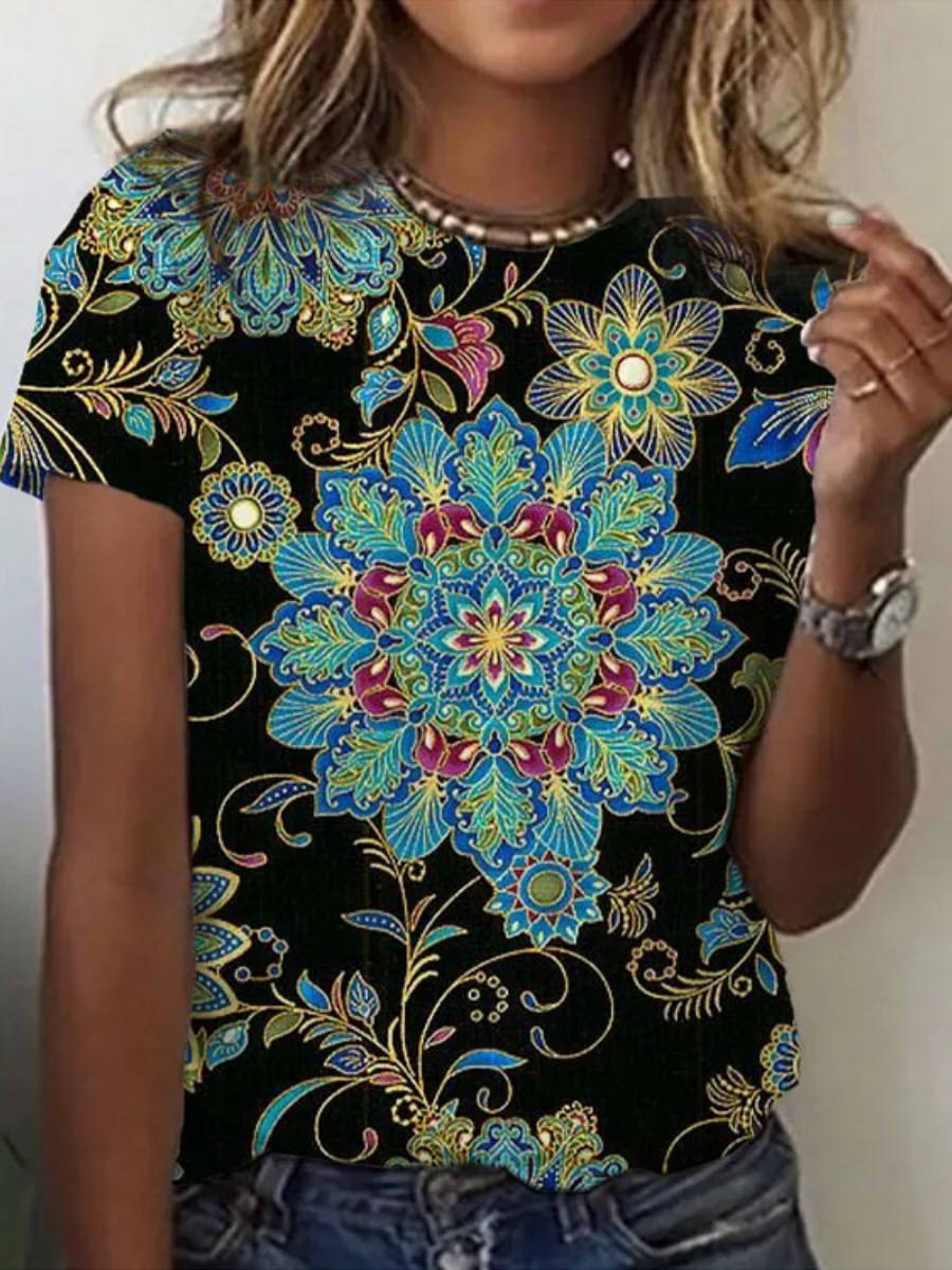 Casual Round Neck Short Sleeve Floral Print T-shirt