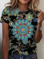 Casual Round Neck Short Sleeve Floral Print T-shirt